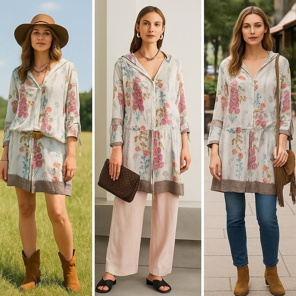 Floral Hooded Tunic Dress With Drawstring Waist & Sleeves